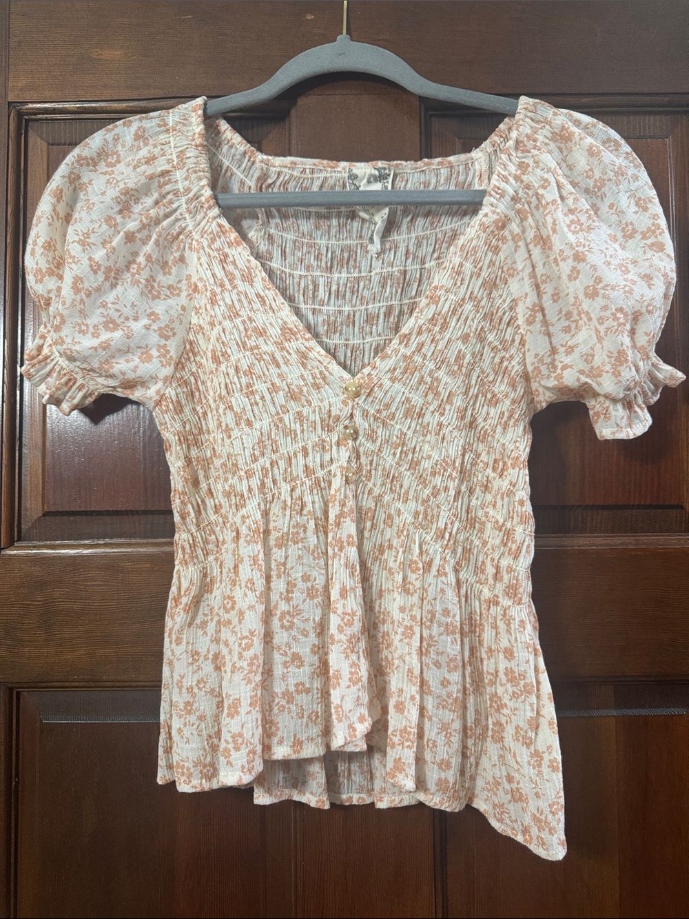 Blu Pepper Peach Floral Smocked Peplum Blouse